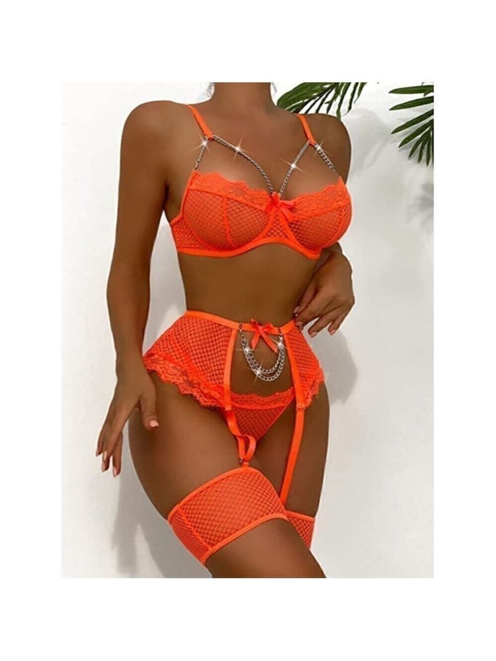 SEXY Eyelash Fishnet Lingerie Chain Babydoll Underwire Bra Panty Set Garter Belt